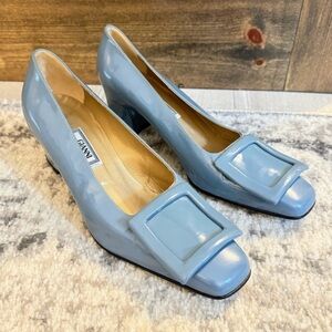Vintage Gianni Versace 1990s Powder Blue Patent Square-Toe Block Heels